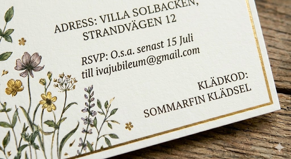 En blommig inbjudan med klädkoden "sommarfin klädsel"
